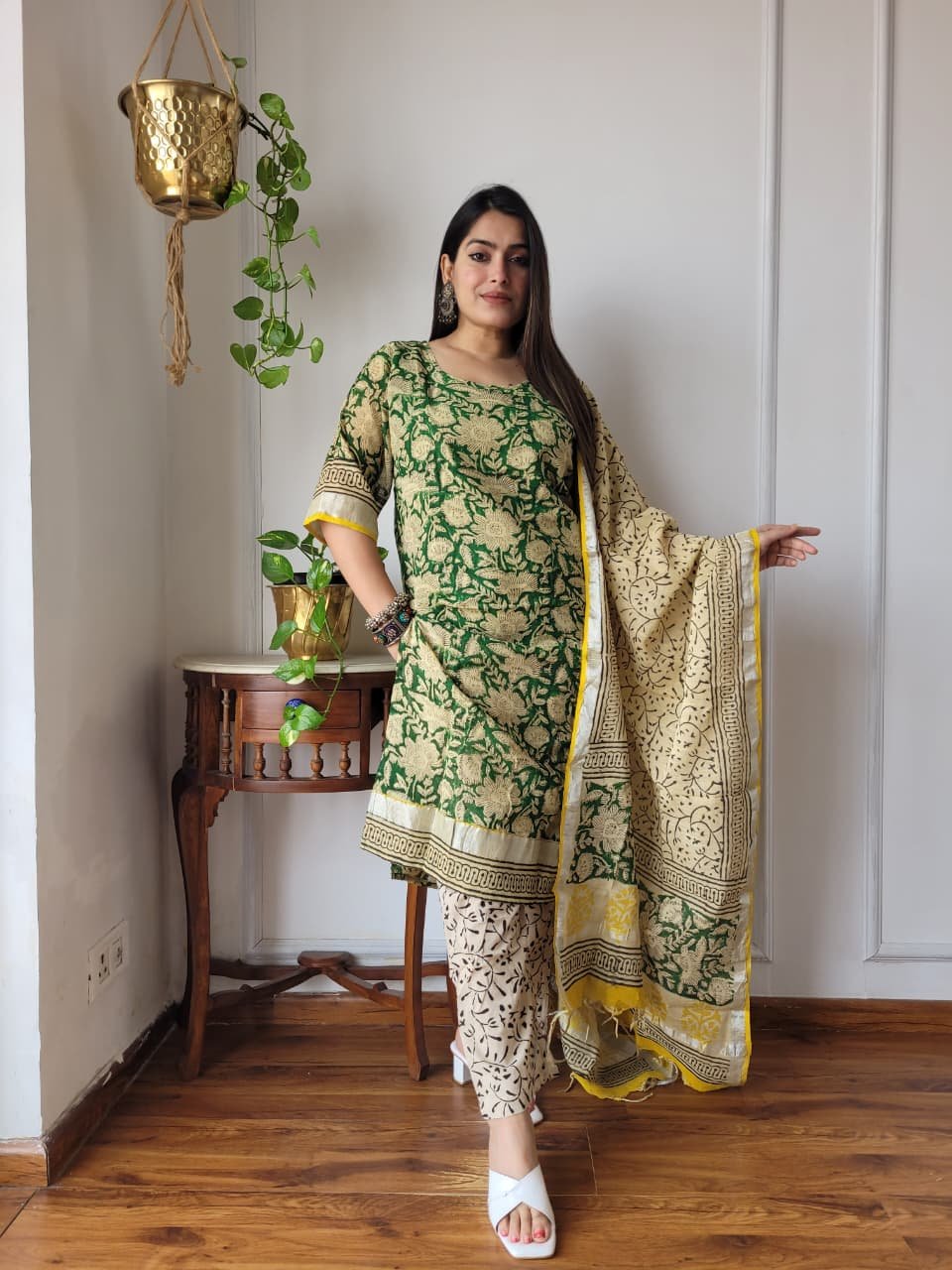 Green Bagru Hand Block Printed Linen Suit Set